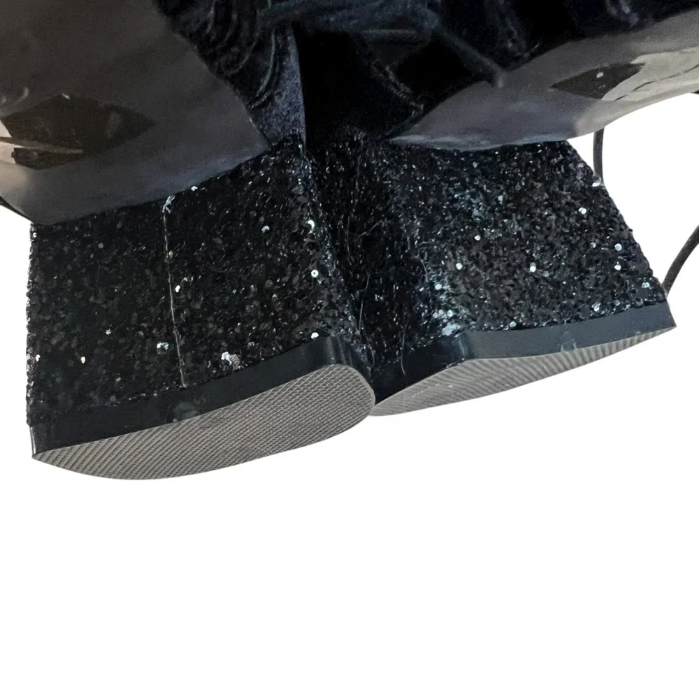 Mi.iM Black Velvet Block Glitter Heel Strappy Lace Up Shoes Pointed Toe Size 8.5